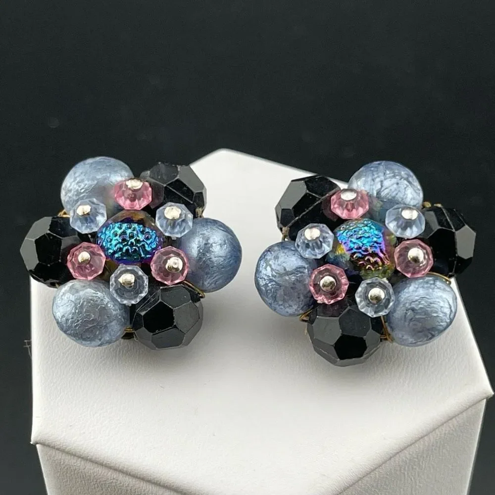 Western Germany Vintage Estate Signed Blue Black Pink Beaded Clip On Earrings